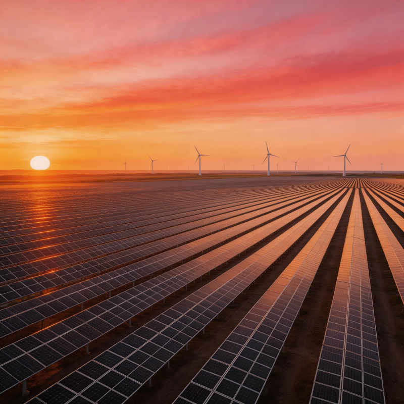 夕阳下的光伏风电场图片