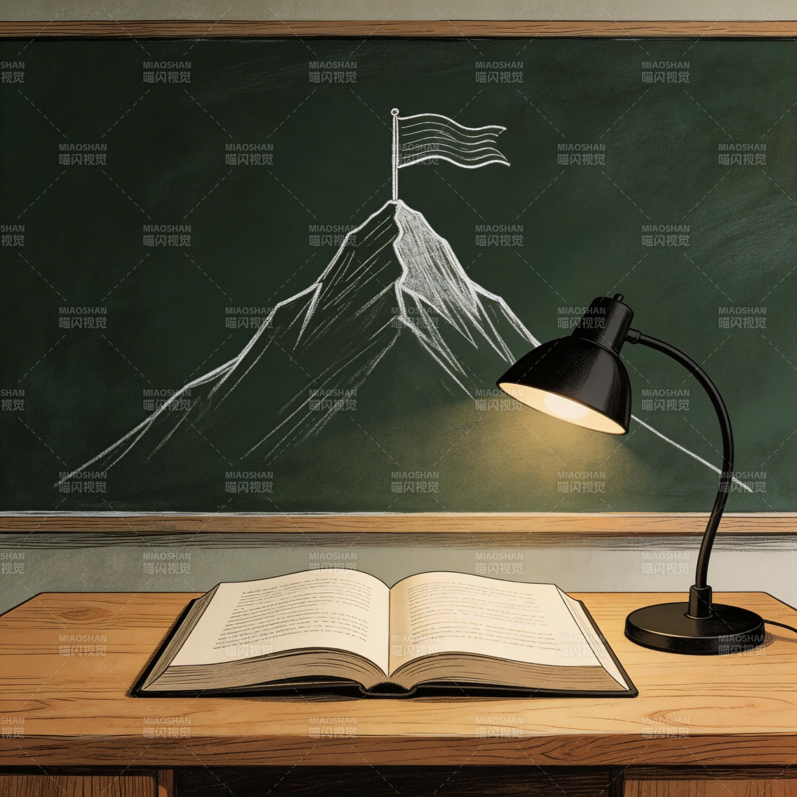 书桌前的山峰与灯图片