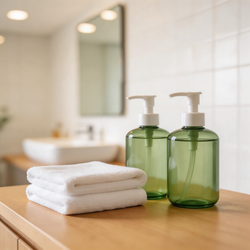 浴室绿瓶与白巾图片