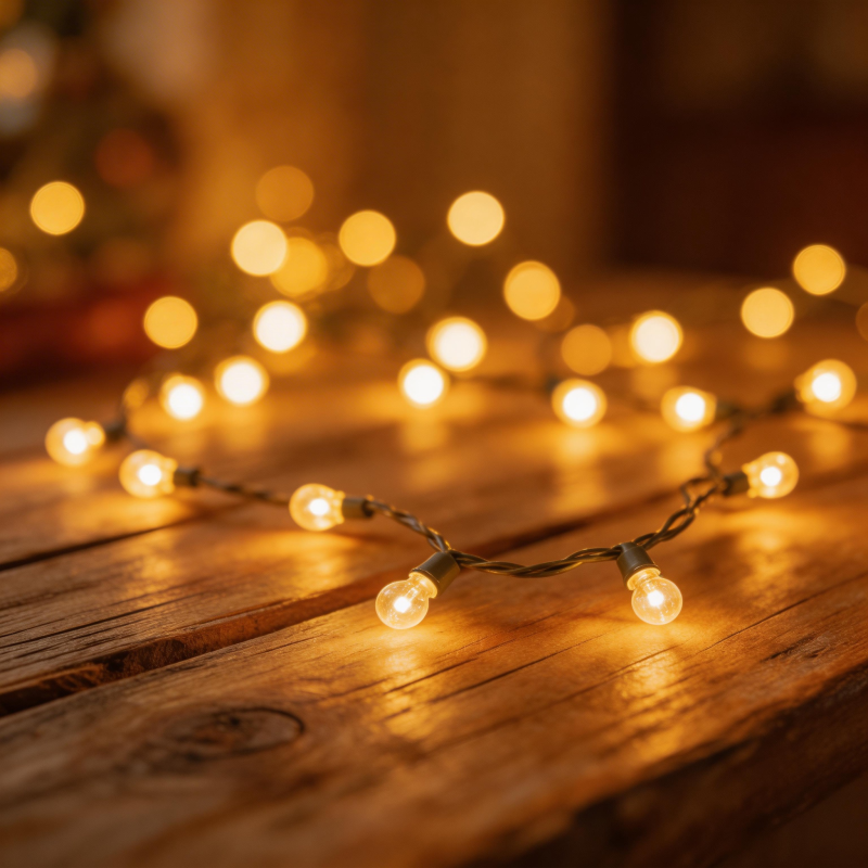 暖光串灯点缀木桌图片