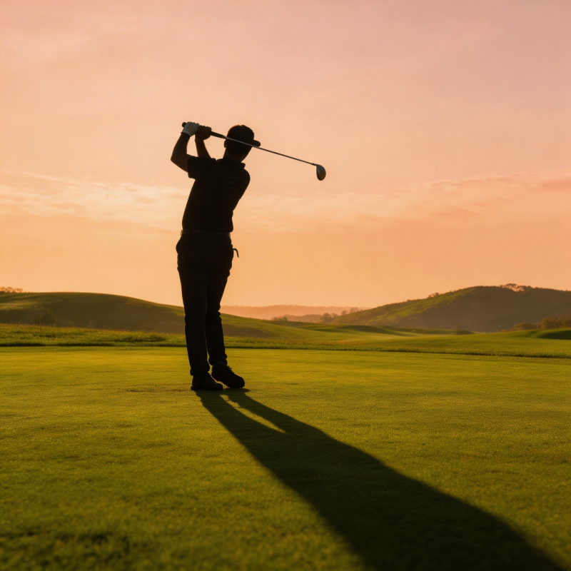 夕阳下的挥杆瞬间图片