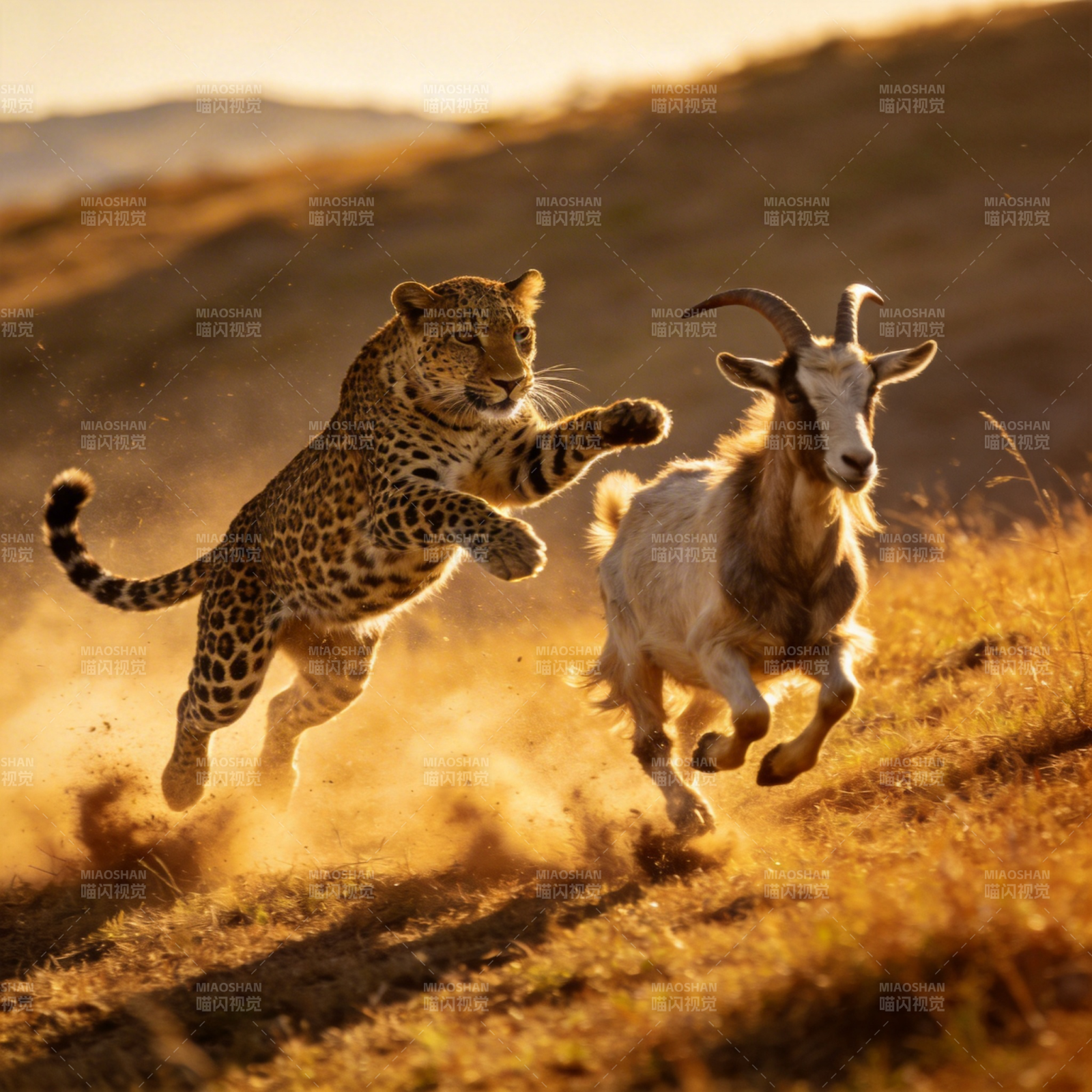 豹追山羊 尘土飞扬图片