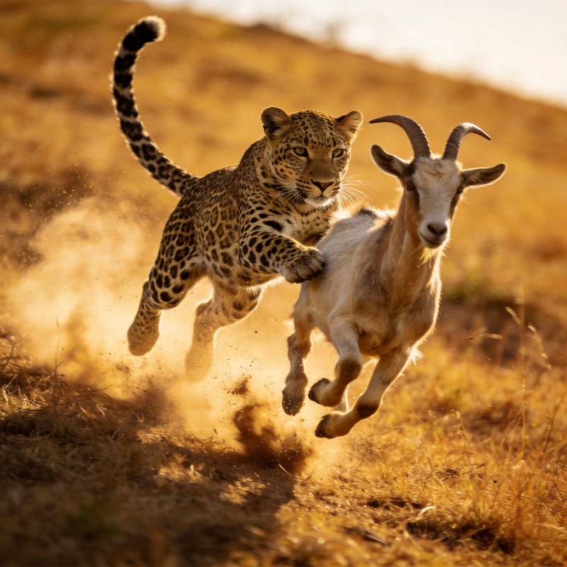 豹追山羊 尘土飞扬图片