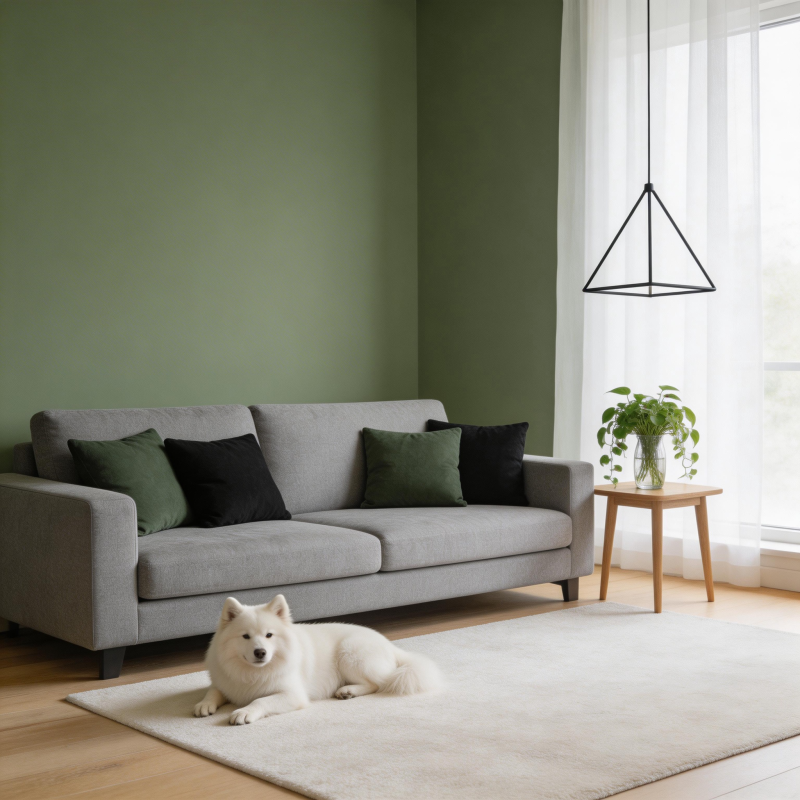 温馨客厅与白犬图片