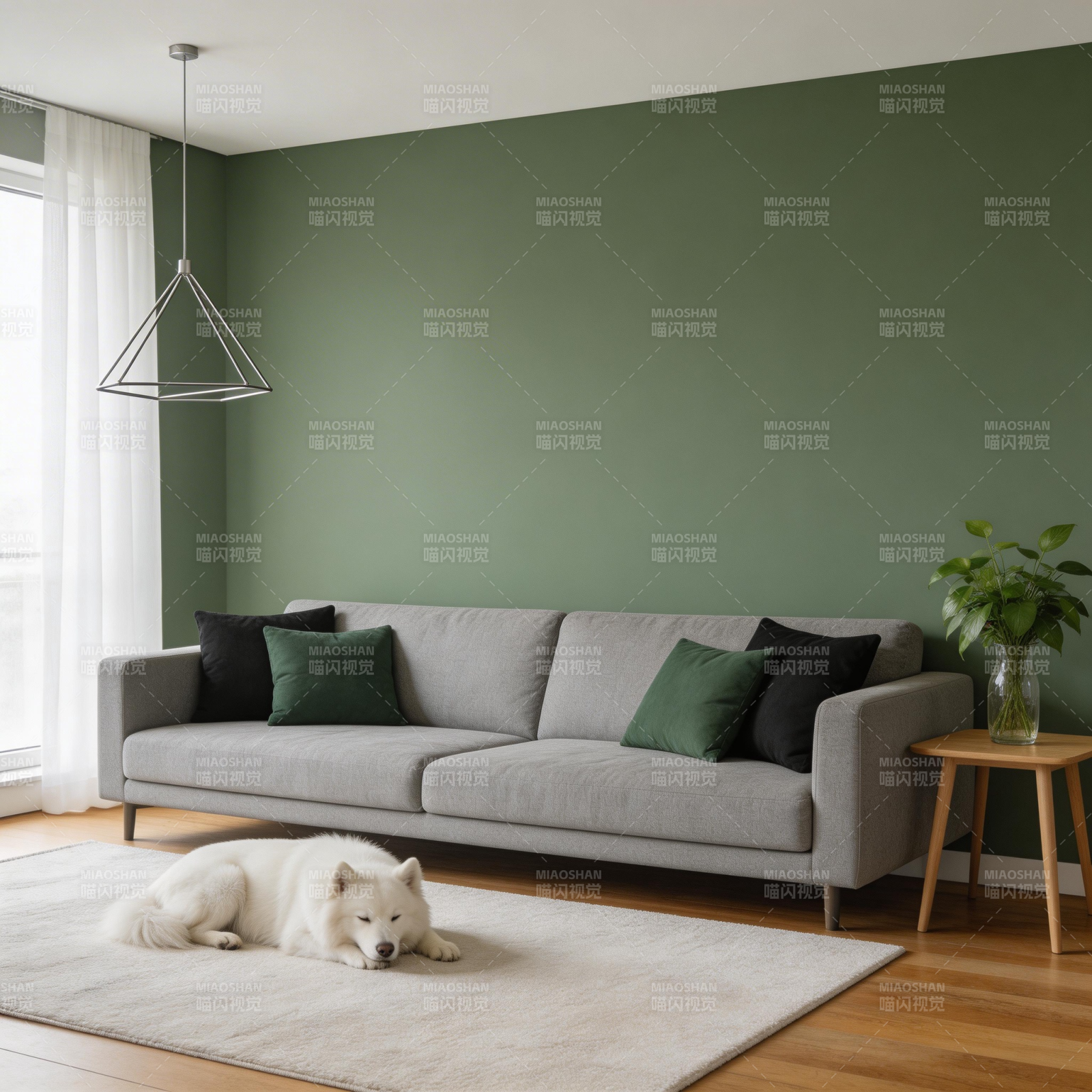 绿墙客厅与白狐图片