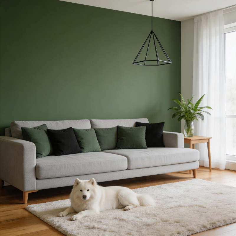 绿墙客厅与白犬图片