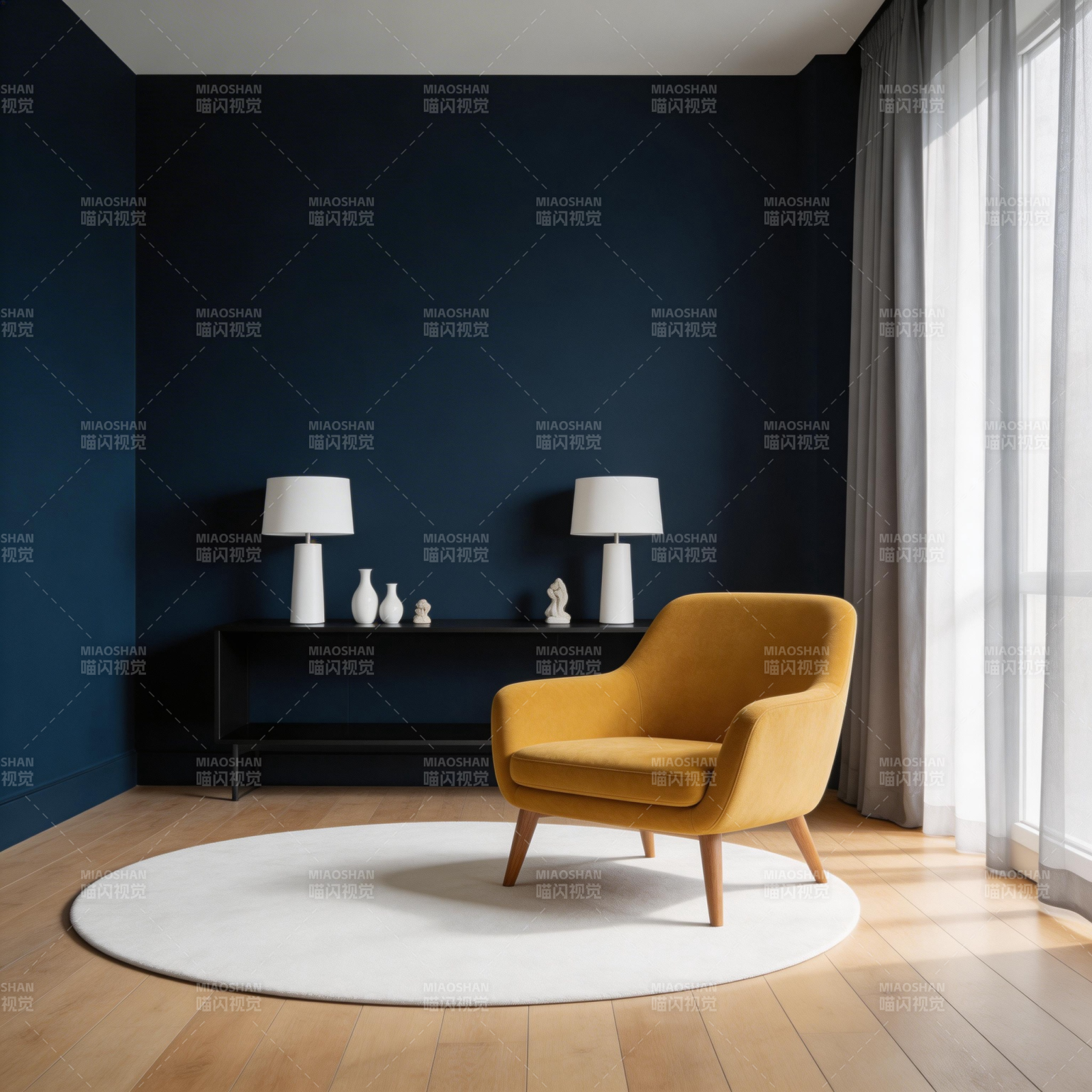 深蓝客厅黄椅静谧图片