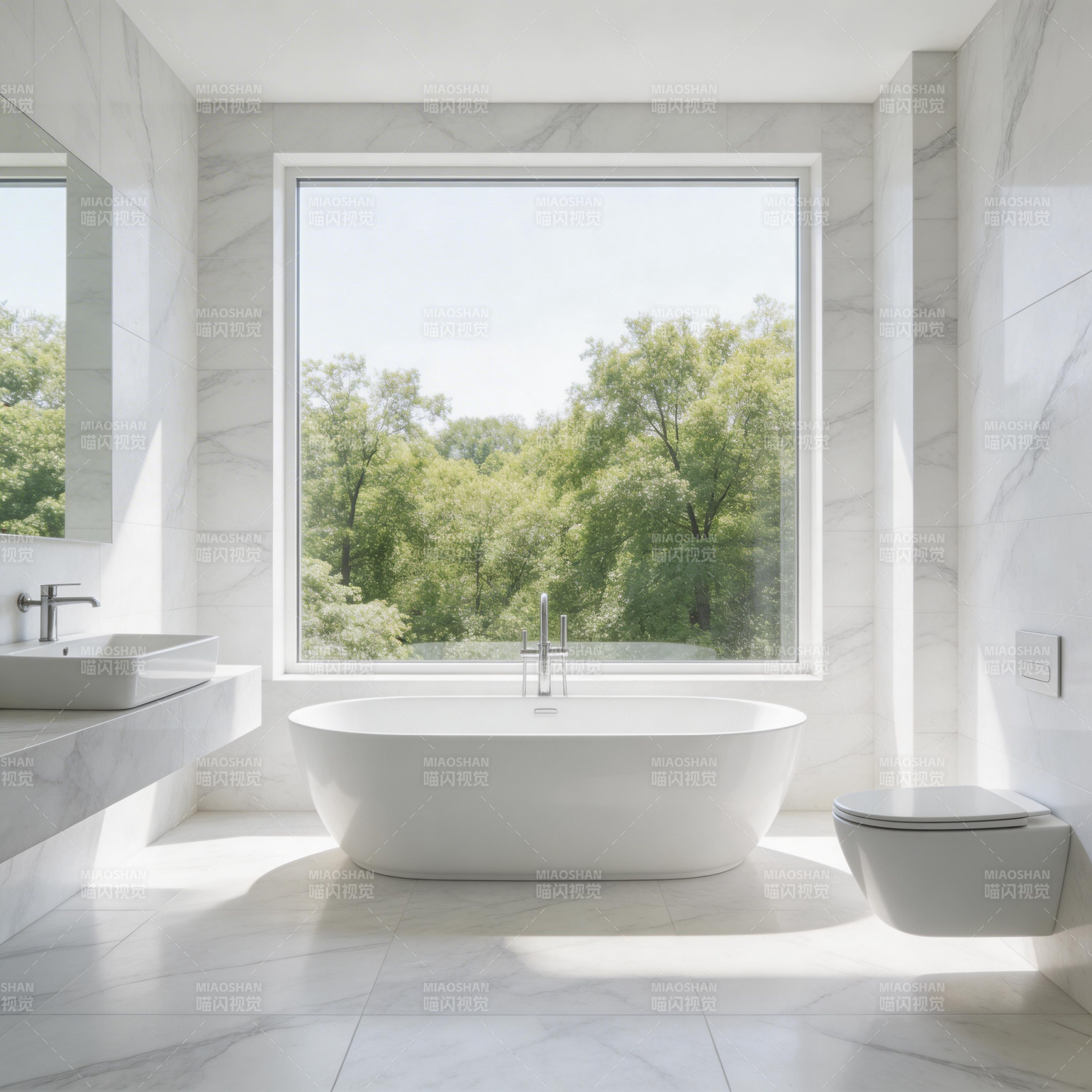 现代浴室 窗外绿意盎然图片
