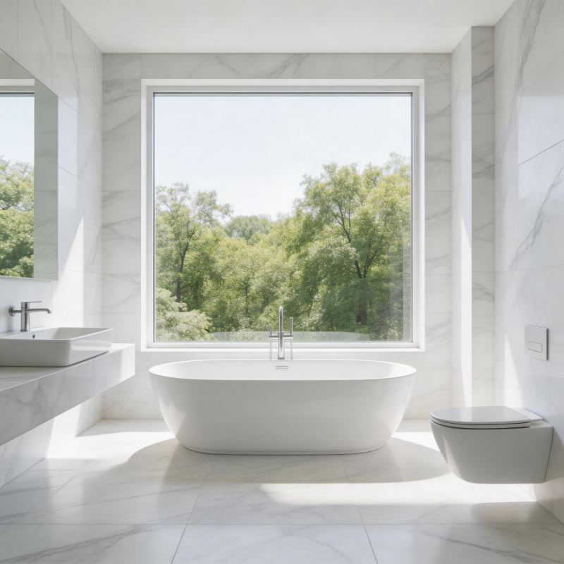 现代浴室 窗外绿意盎然图片