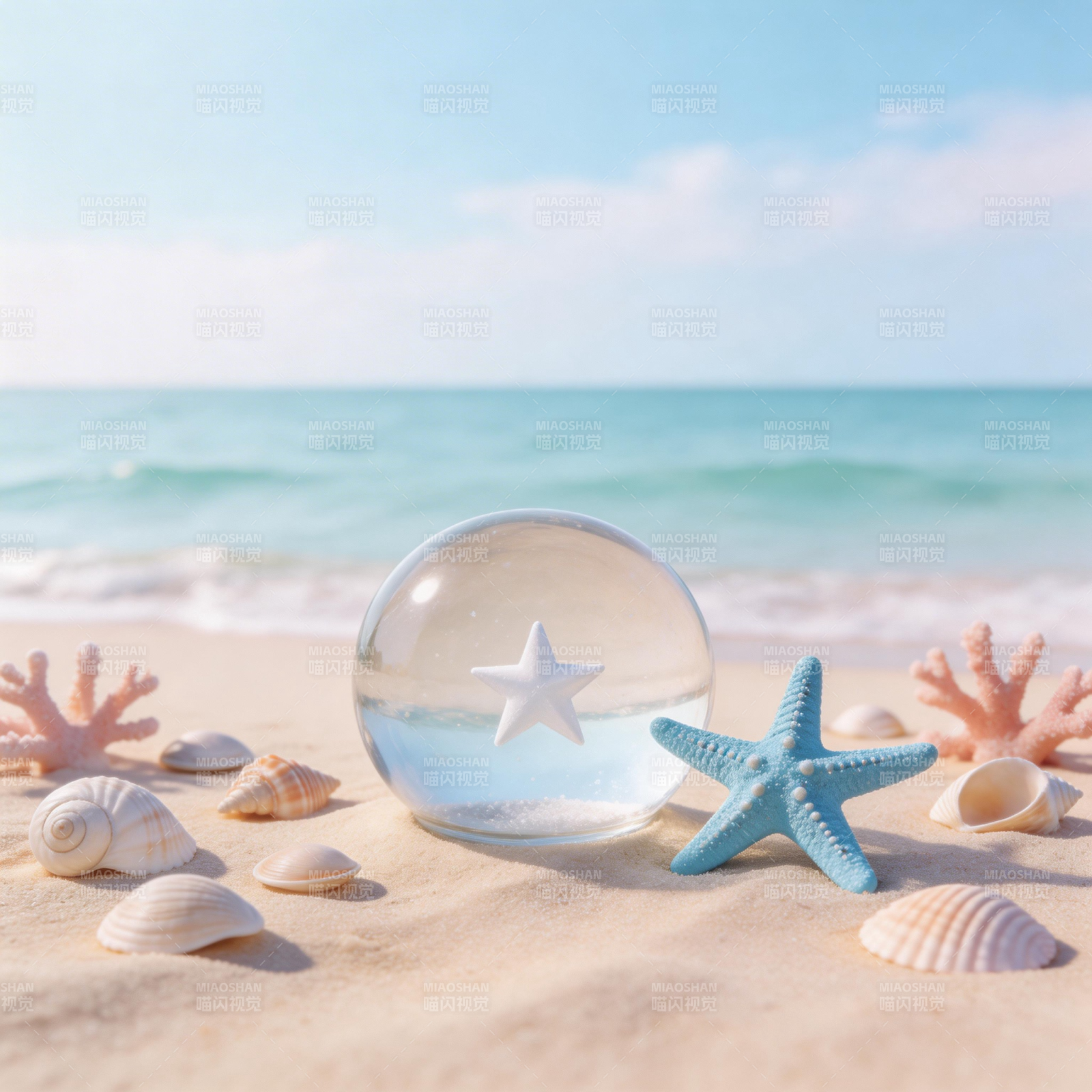 海边水晶球与海星图片