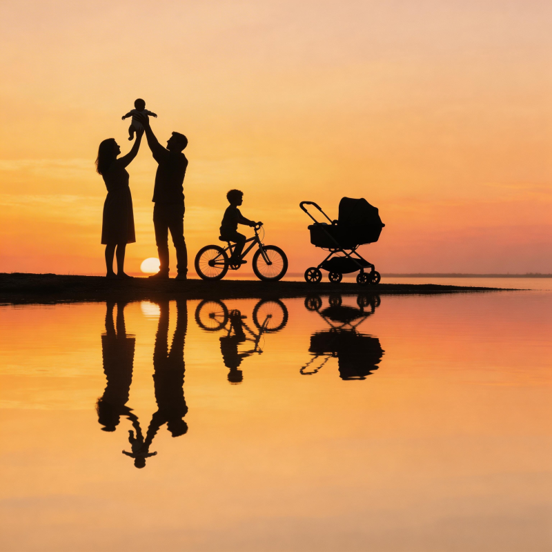 夕阳下的家庭剪影图片