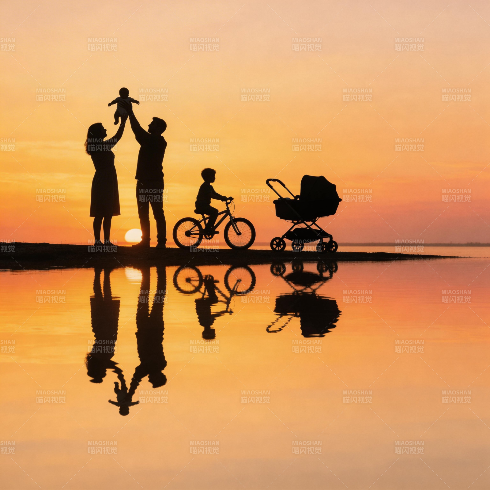夕阳下的家庭剪影图片