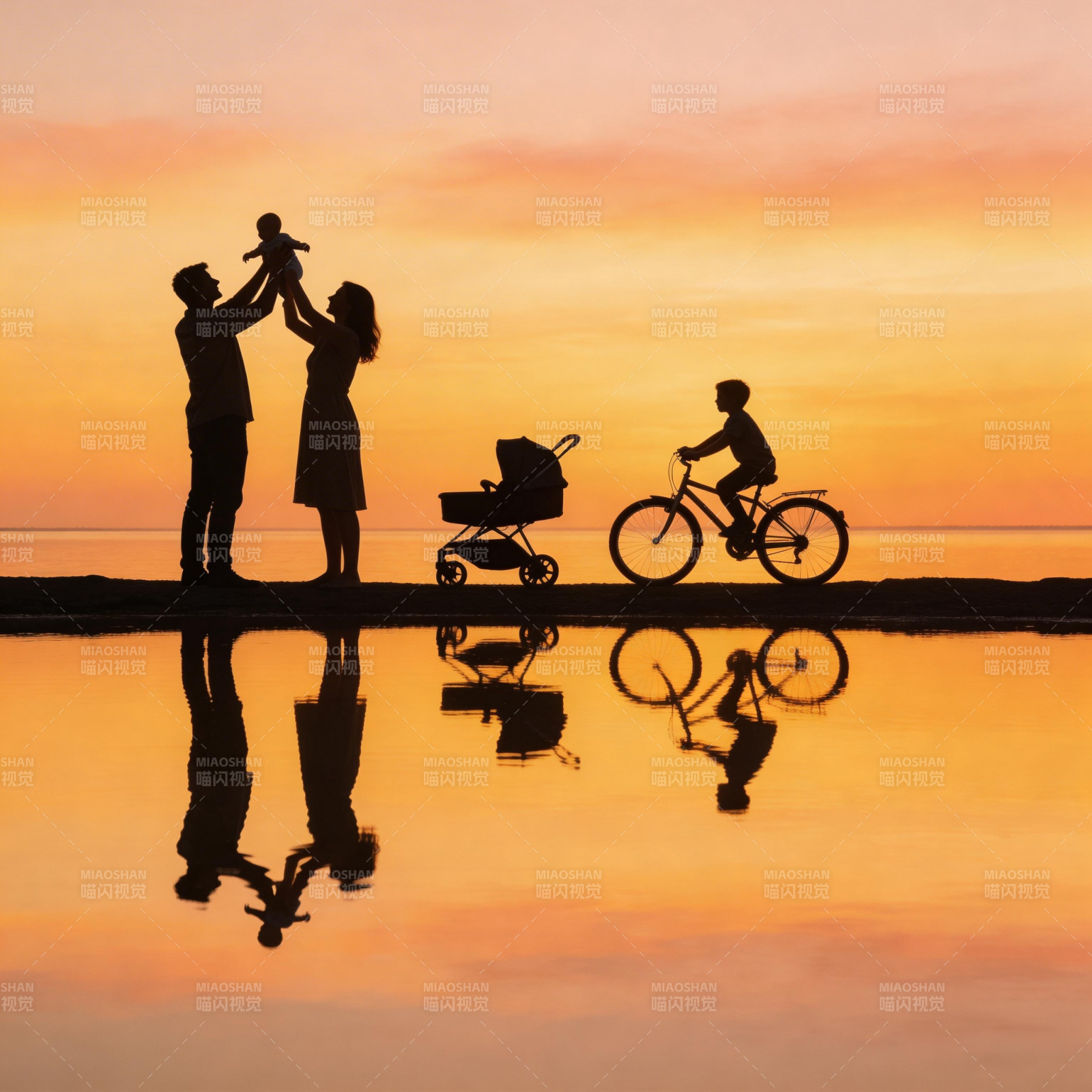 夕阳下的家庭剪影图片
