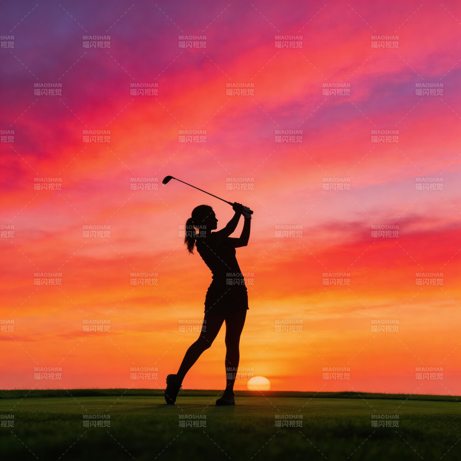 夕阳下的高尔夫剪影图片