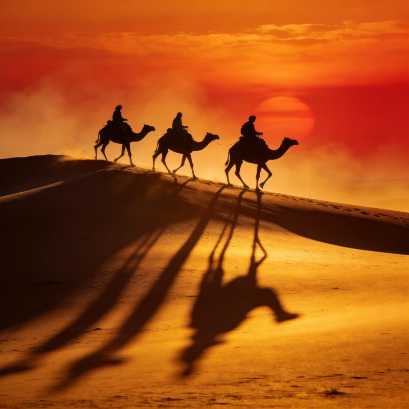 沙漠驼影夕阳图片