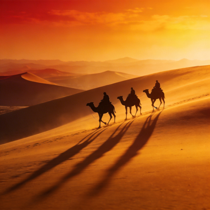 沙漠驼影夕阳图片