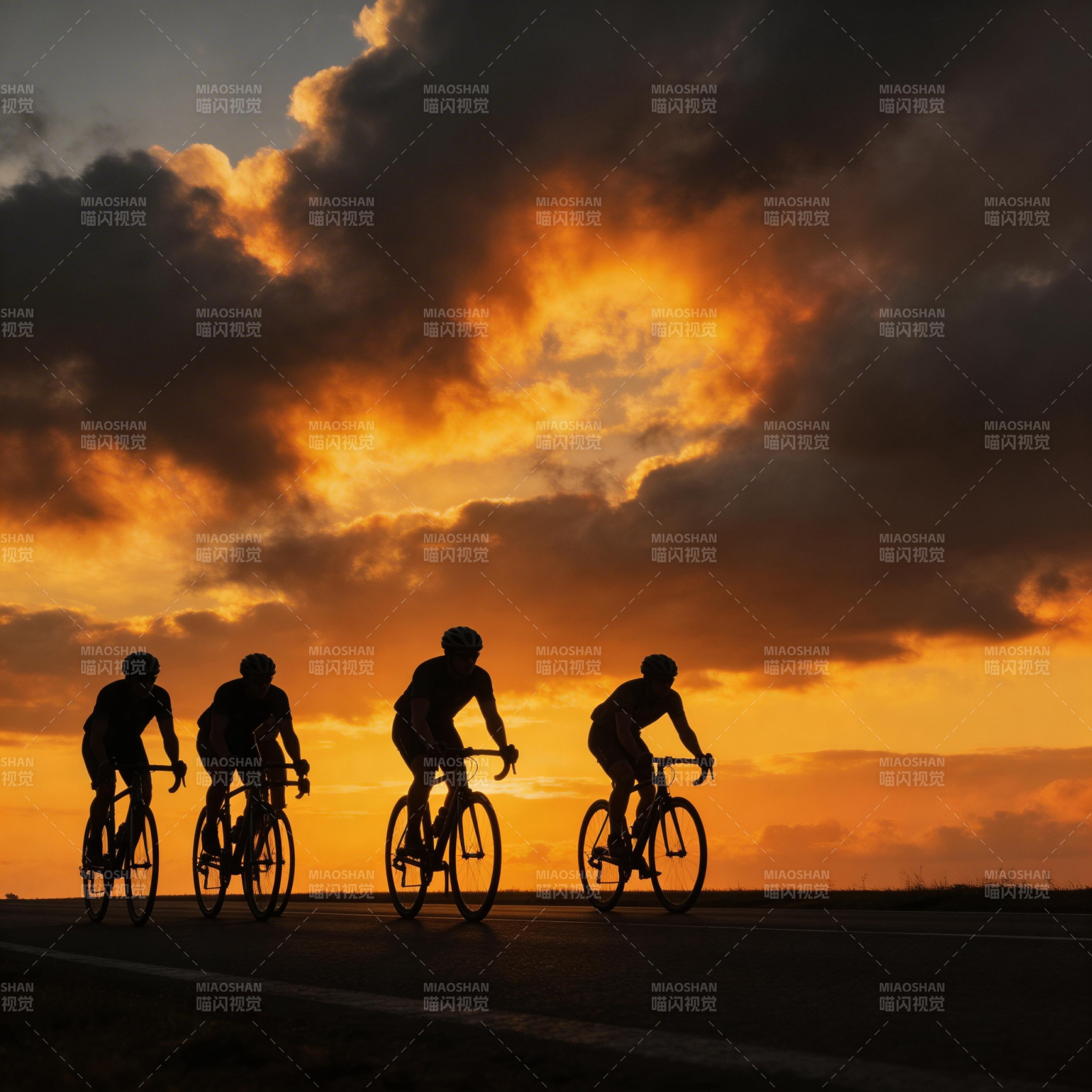 骑行剪影夕阳下图片