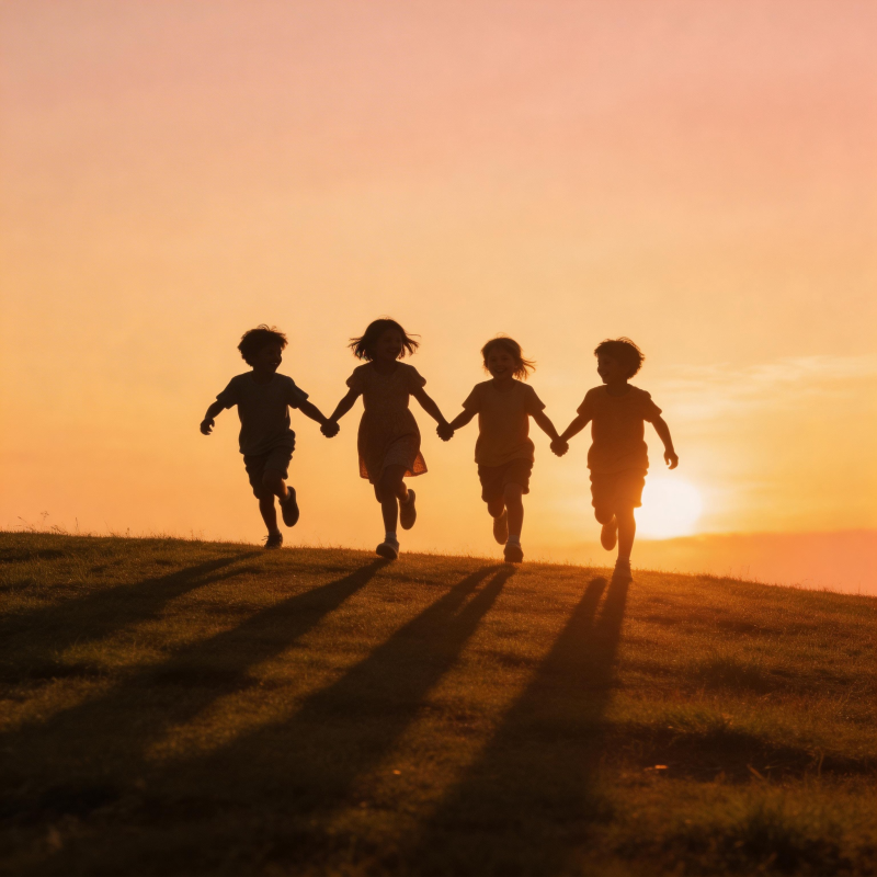 夕阳下奔跑的童年图片