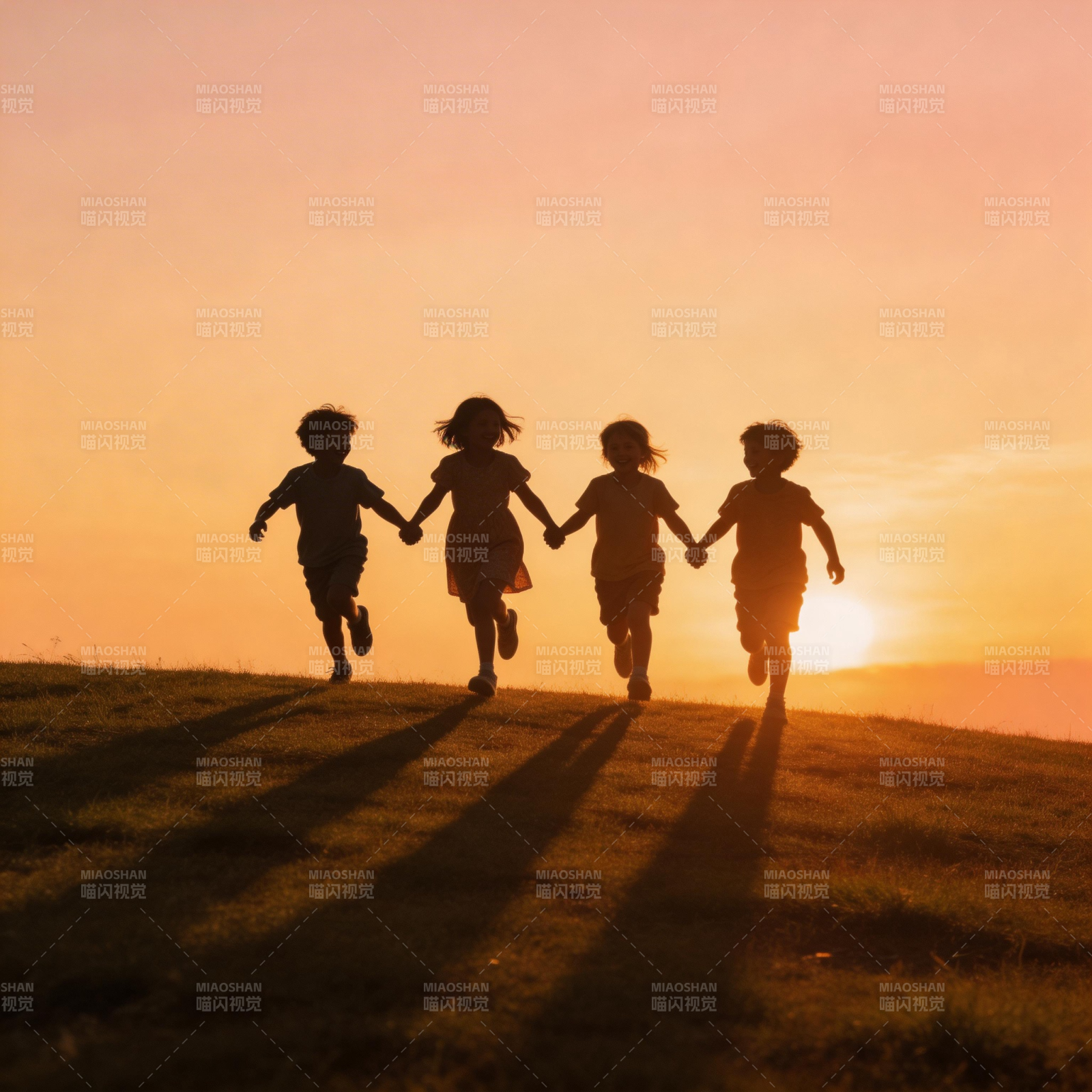 夕阳下奔跑的童年图片