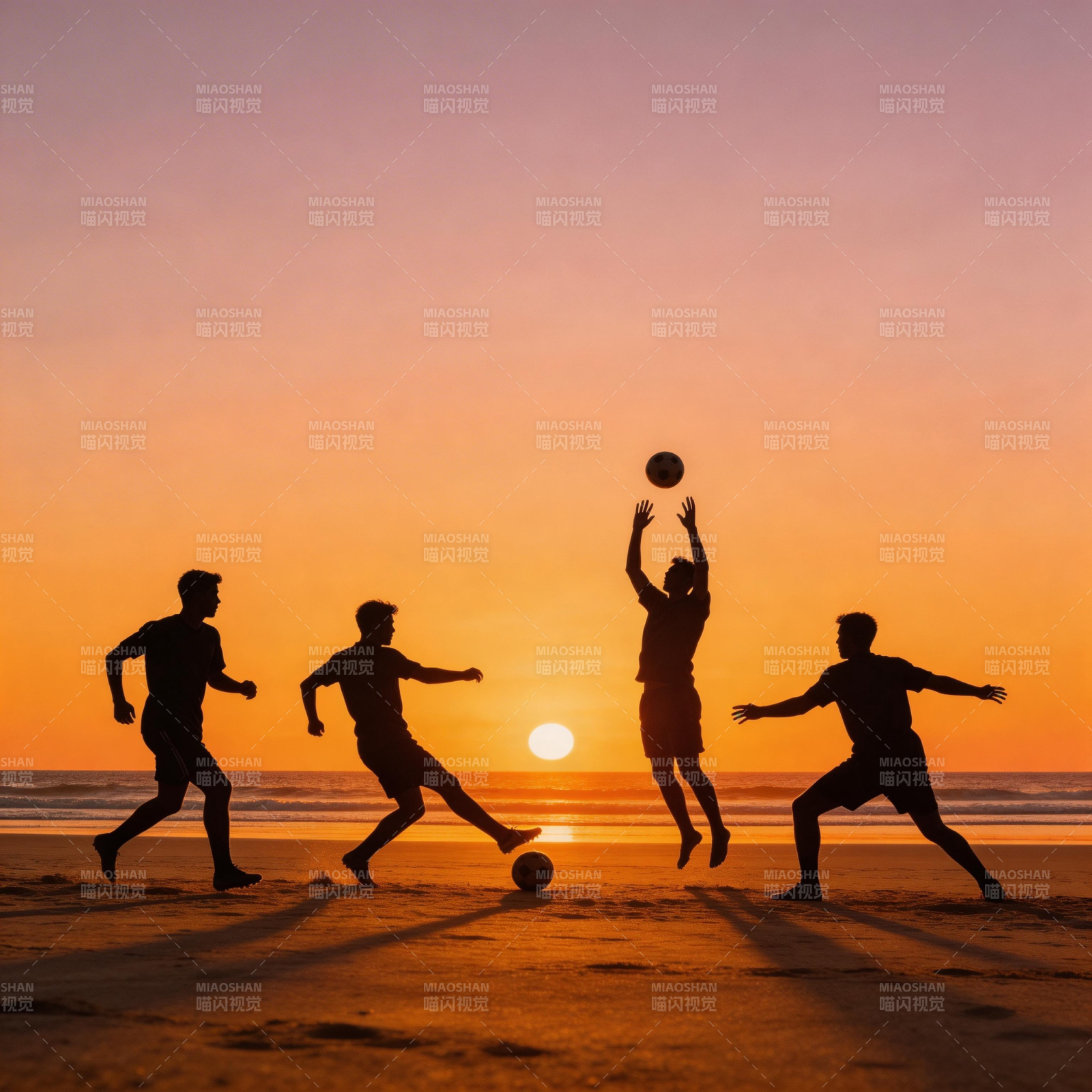 沙滩足球夕阳剪影图片
