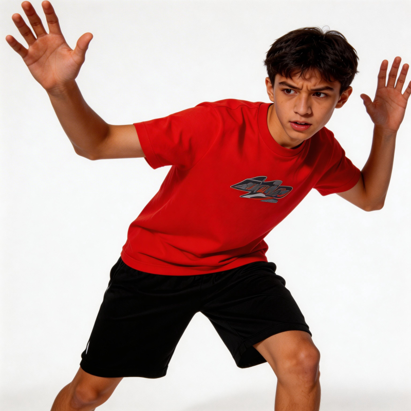 红色T恤少年动感姿势图片