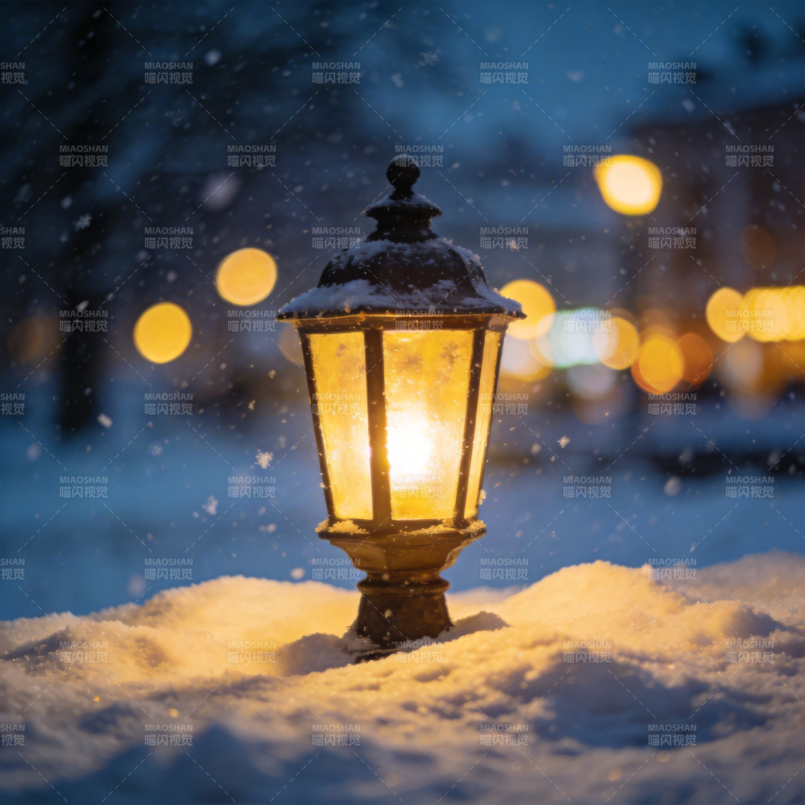 雪夜灯影图片