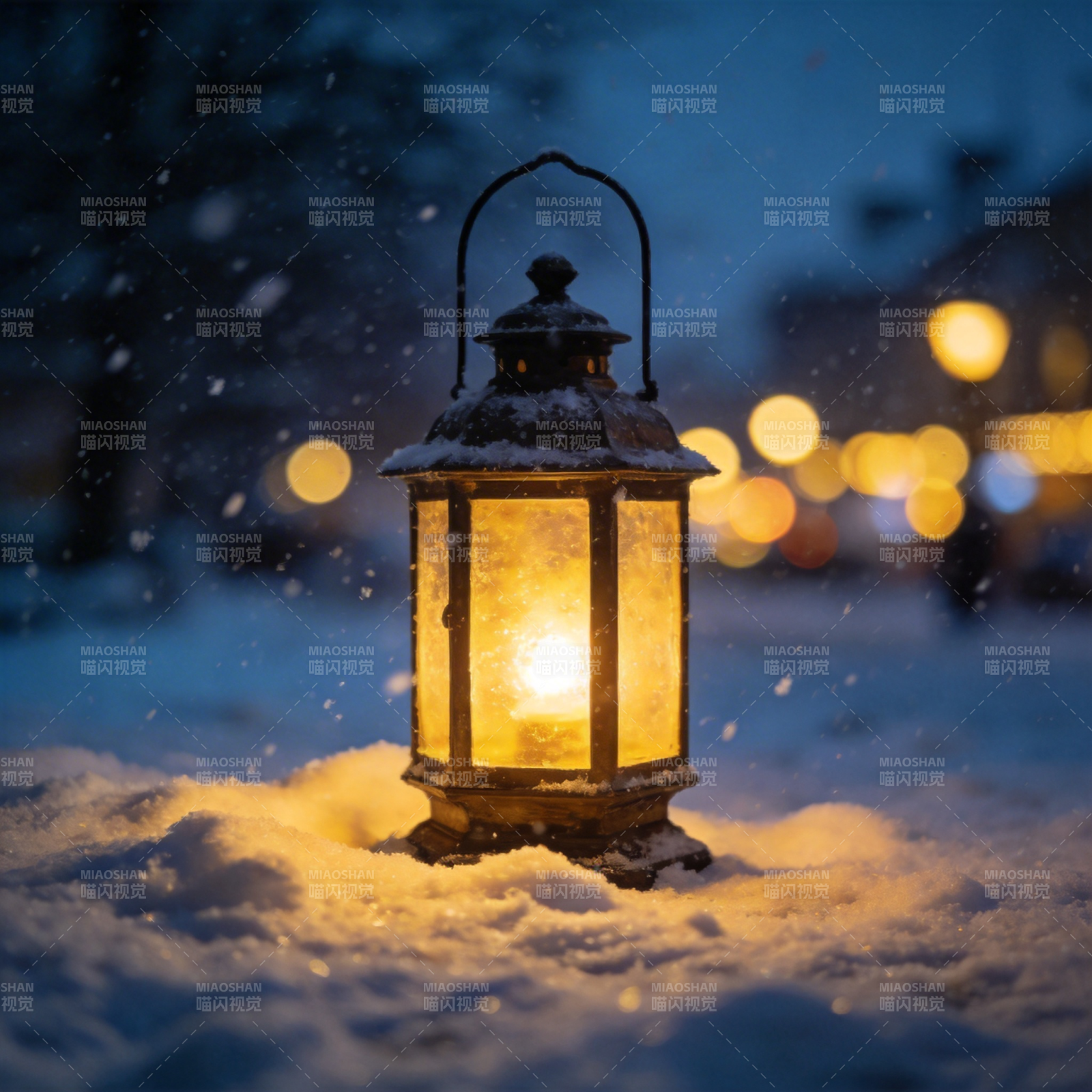 雪夜灯影图片