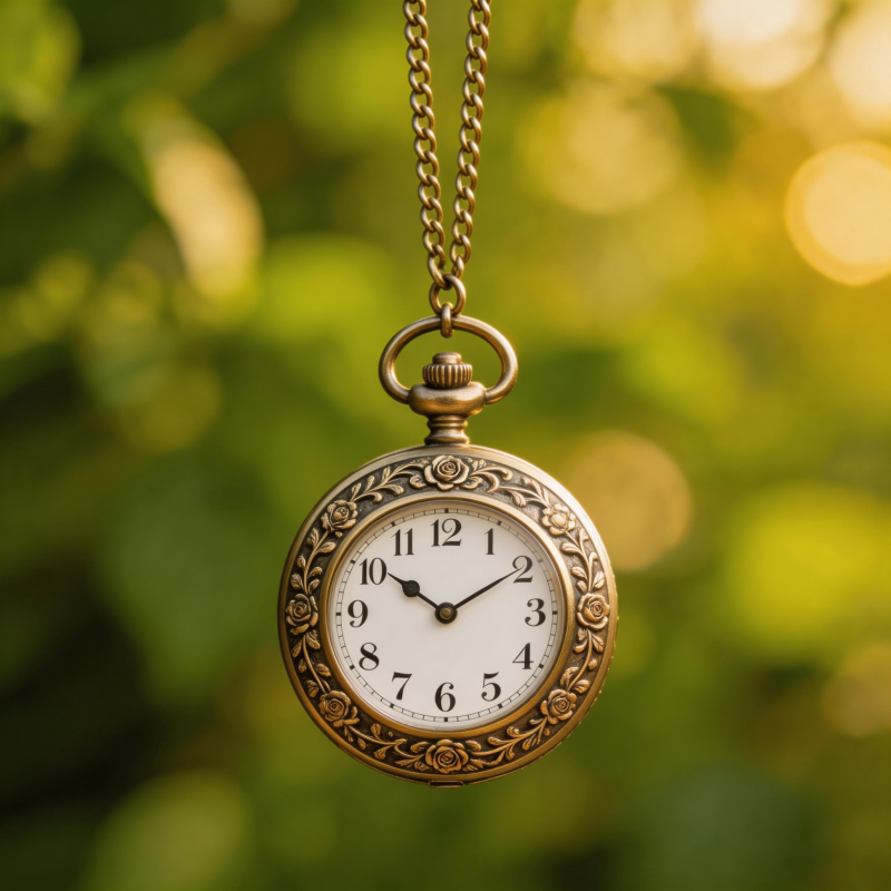 古董怀表悬于绿意图片