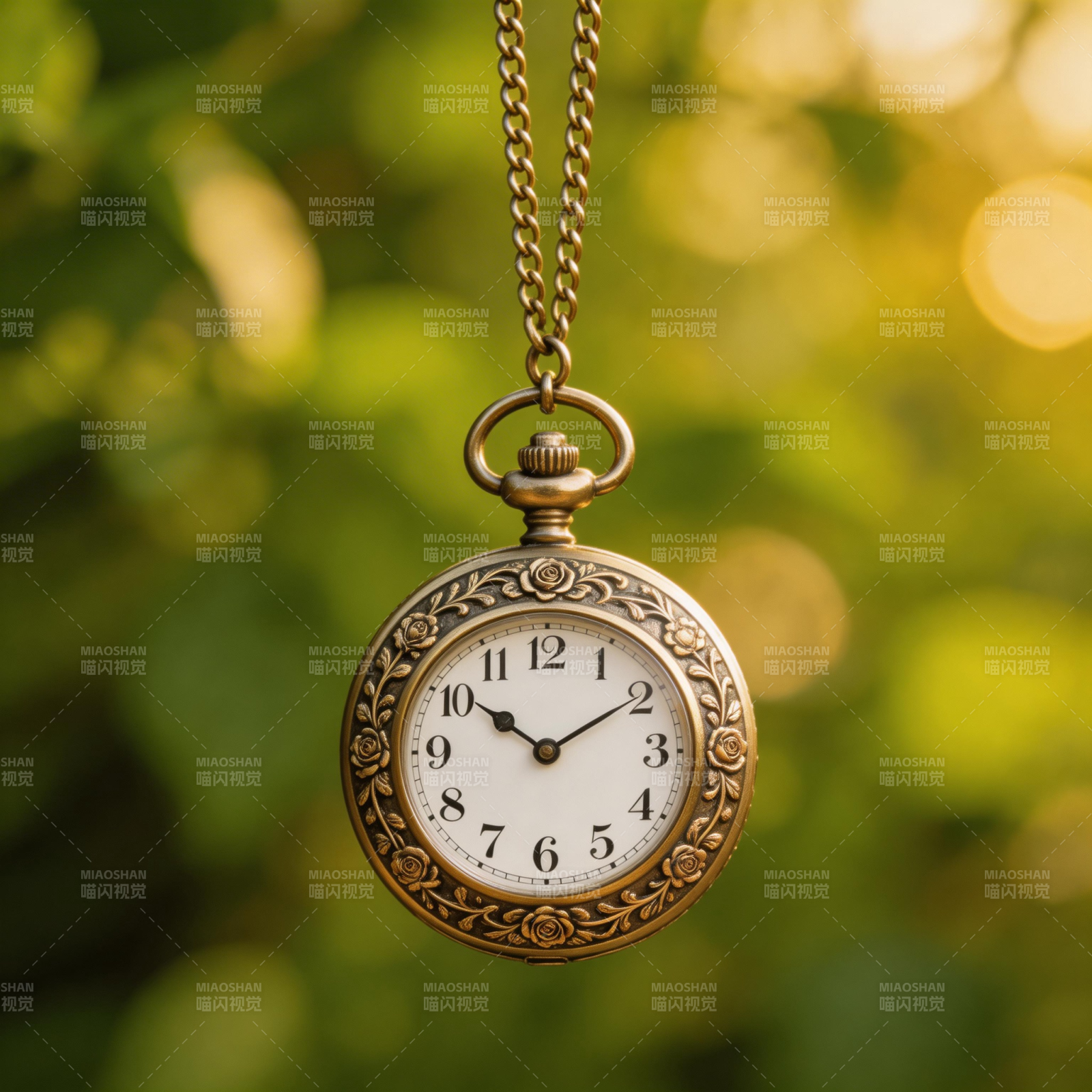 古董怀表悬于绿意图片