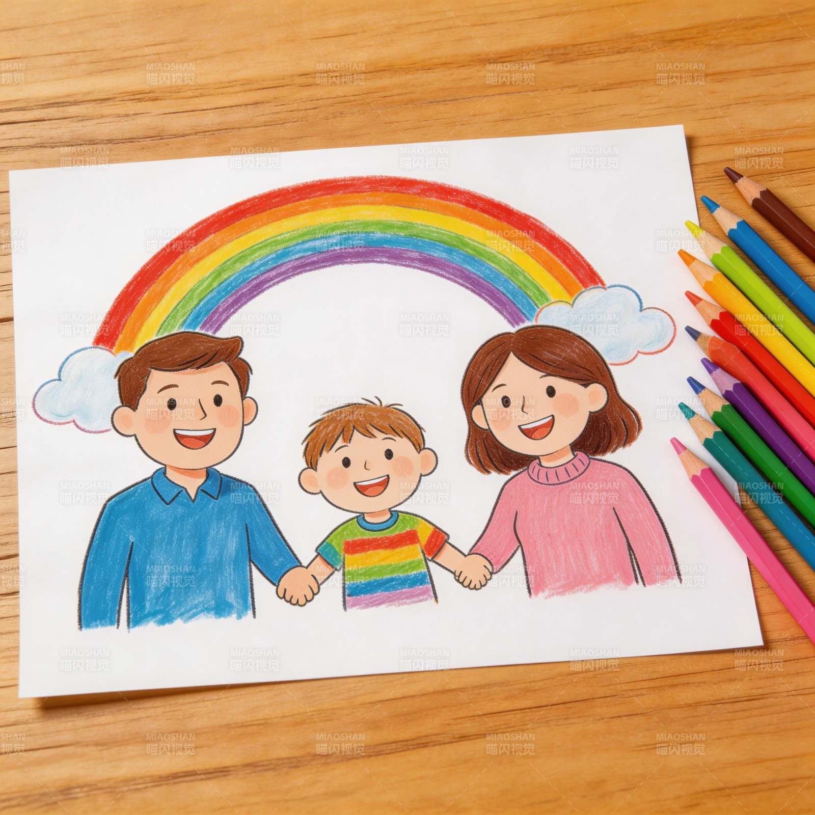 彩虹下的幸福一家图片