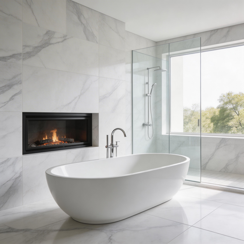 现代浴室 浴缸与壁炉图片