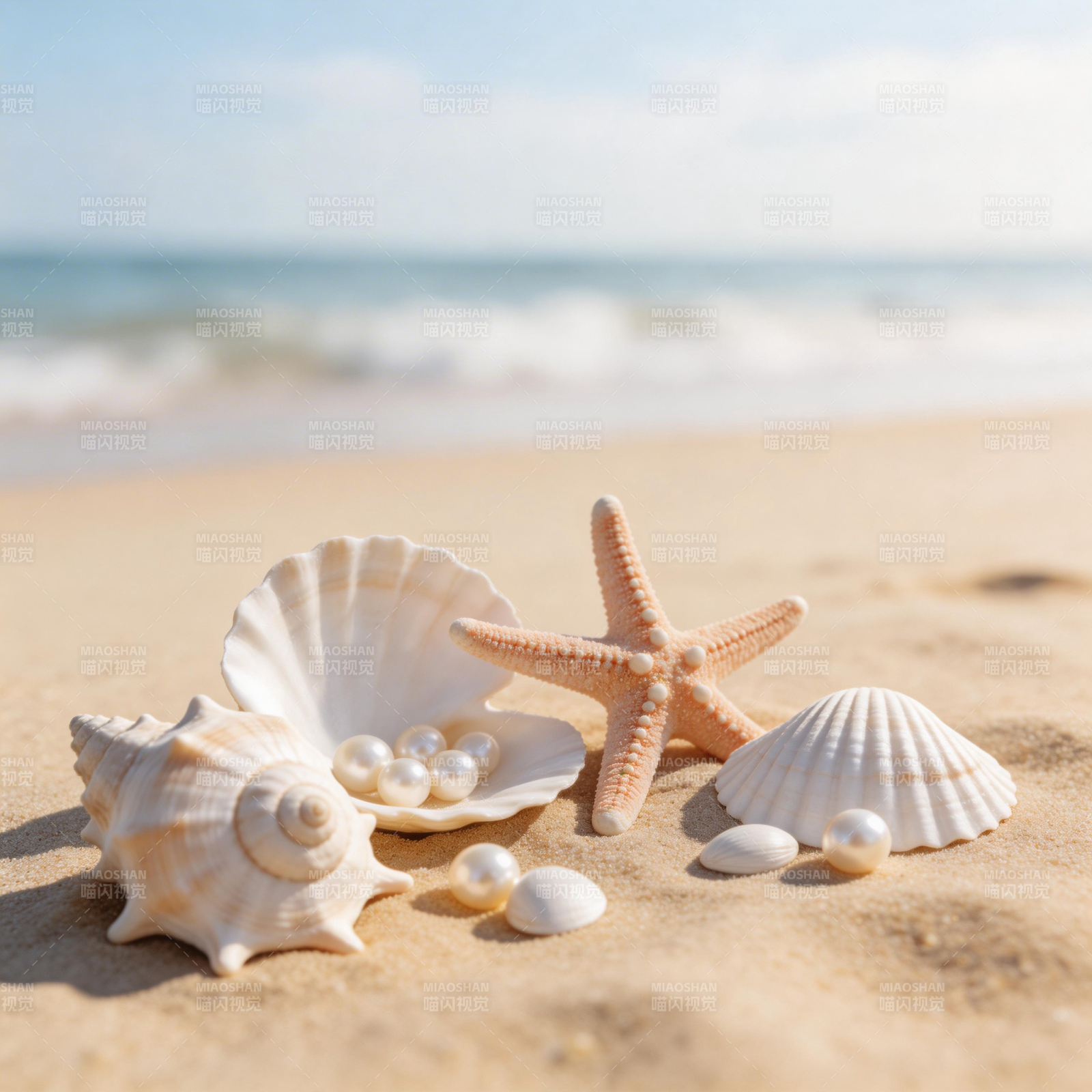 海滩上的贝壳与海星图片