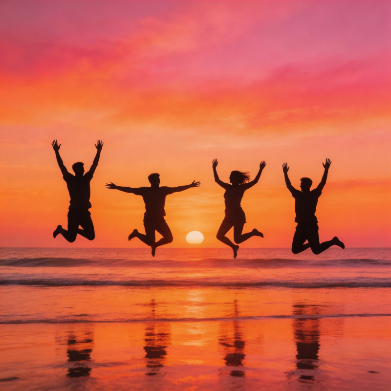 夕阳下的欢乐跳跃图片