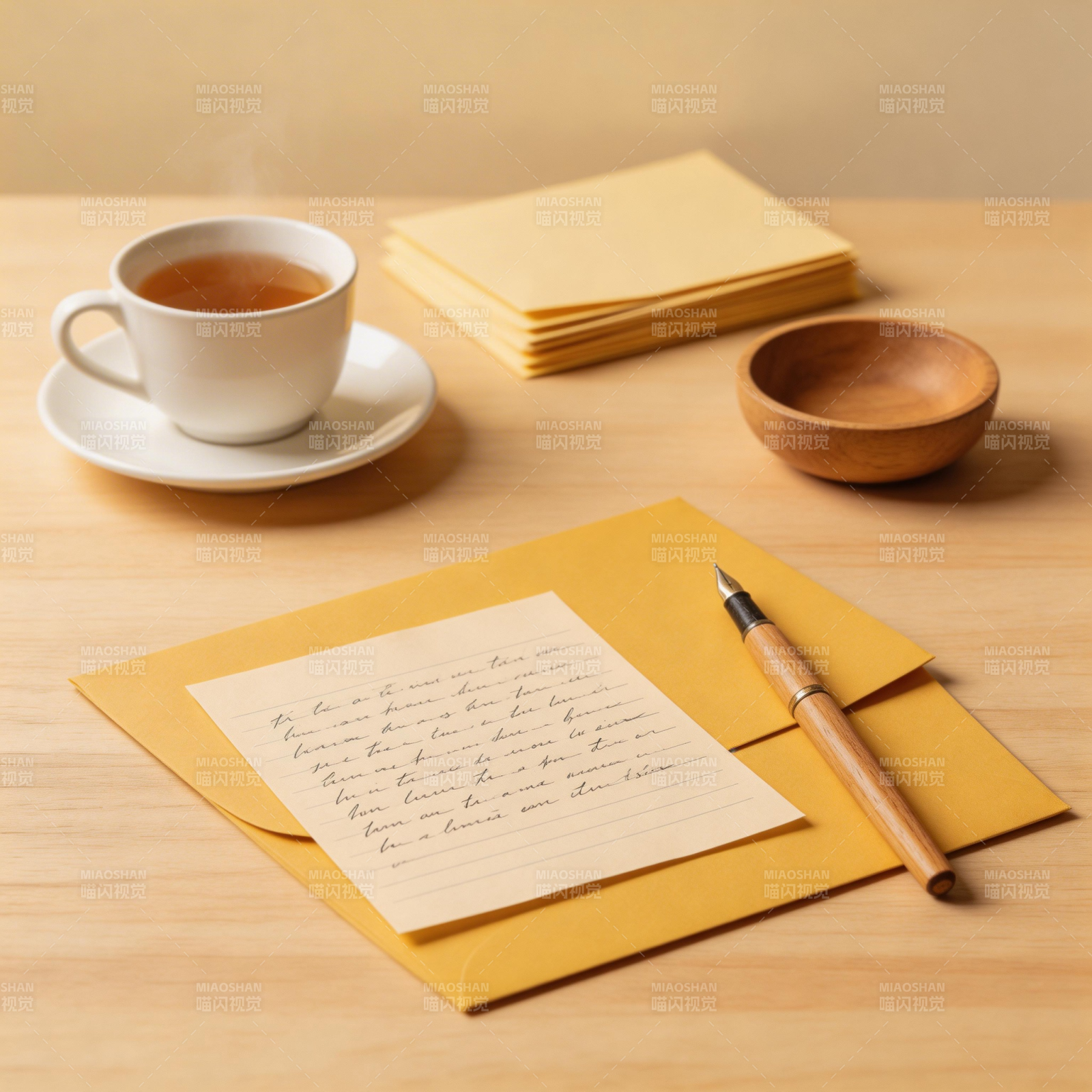 手写信与茶香时光图片