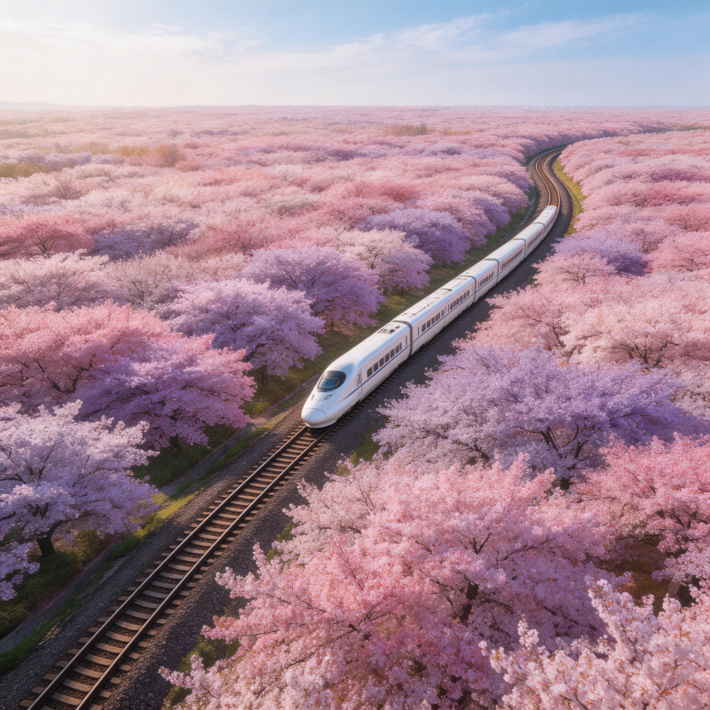 樱花列车穿行于花海图片