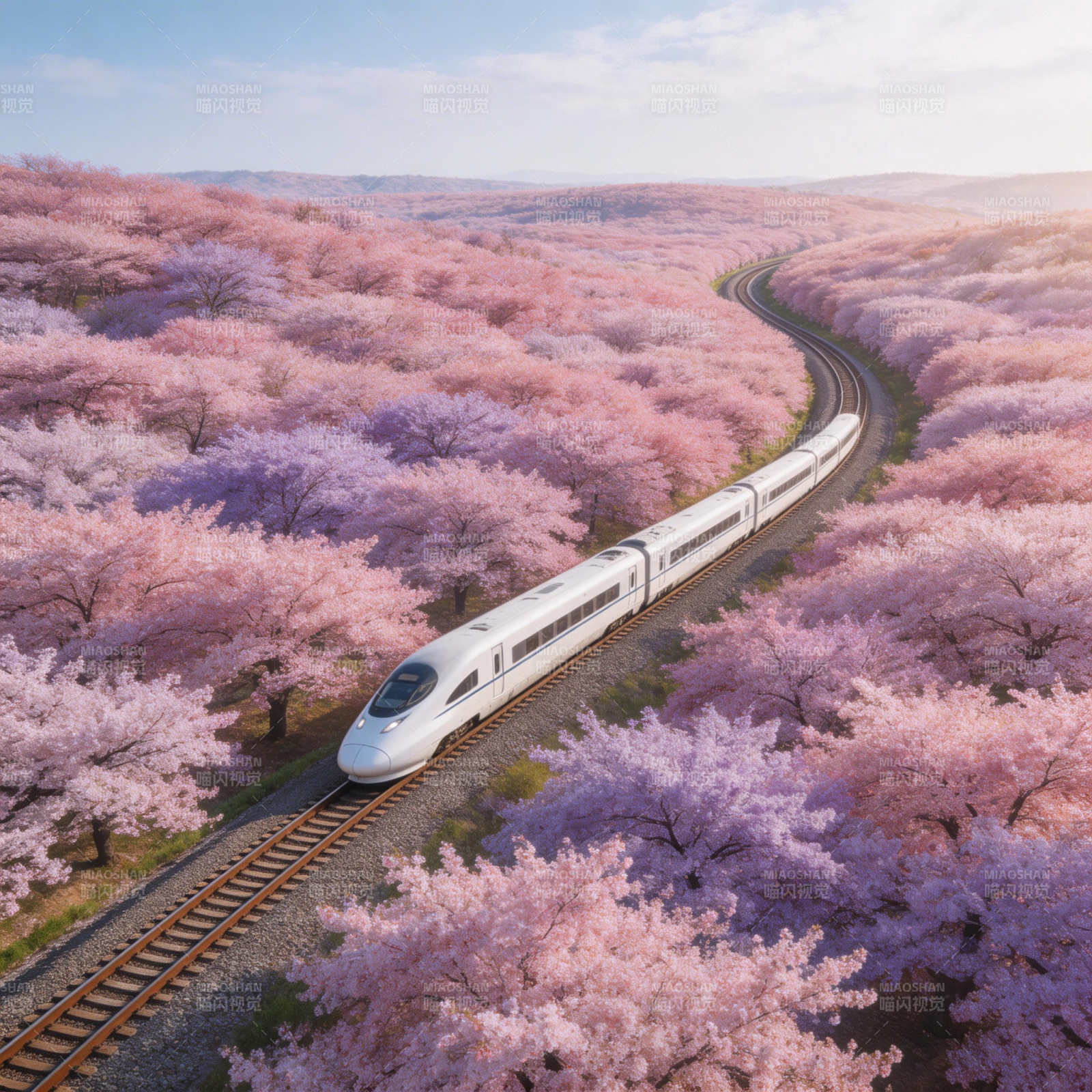 樱花列车穿行图片