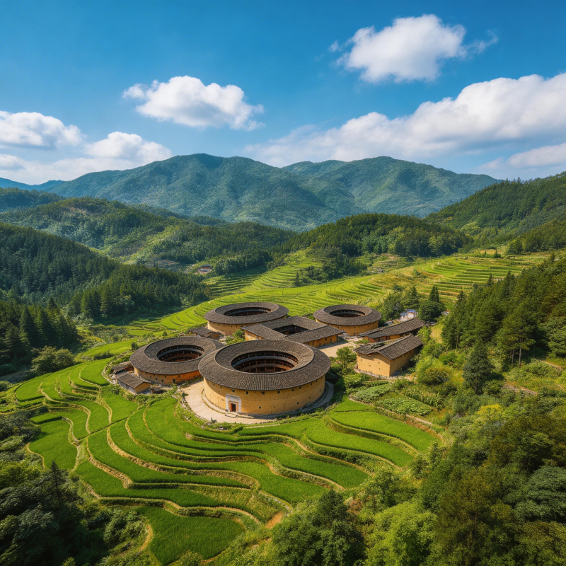 土楼群山环绕图片