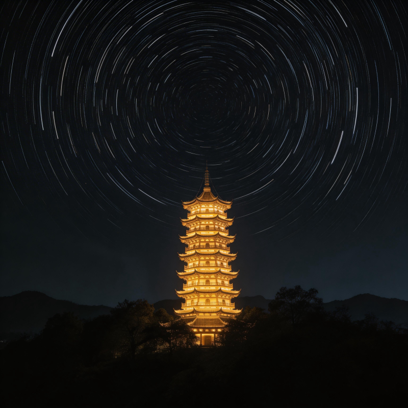星轨映塔夜景图片
