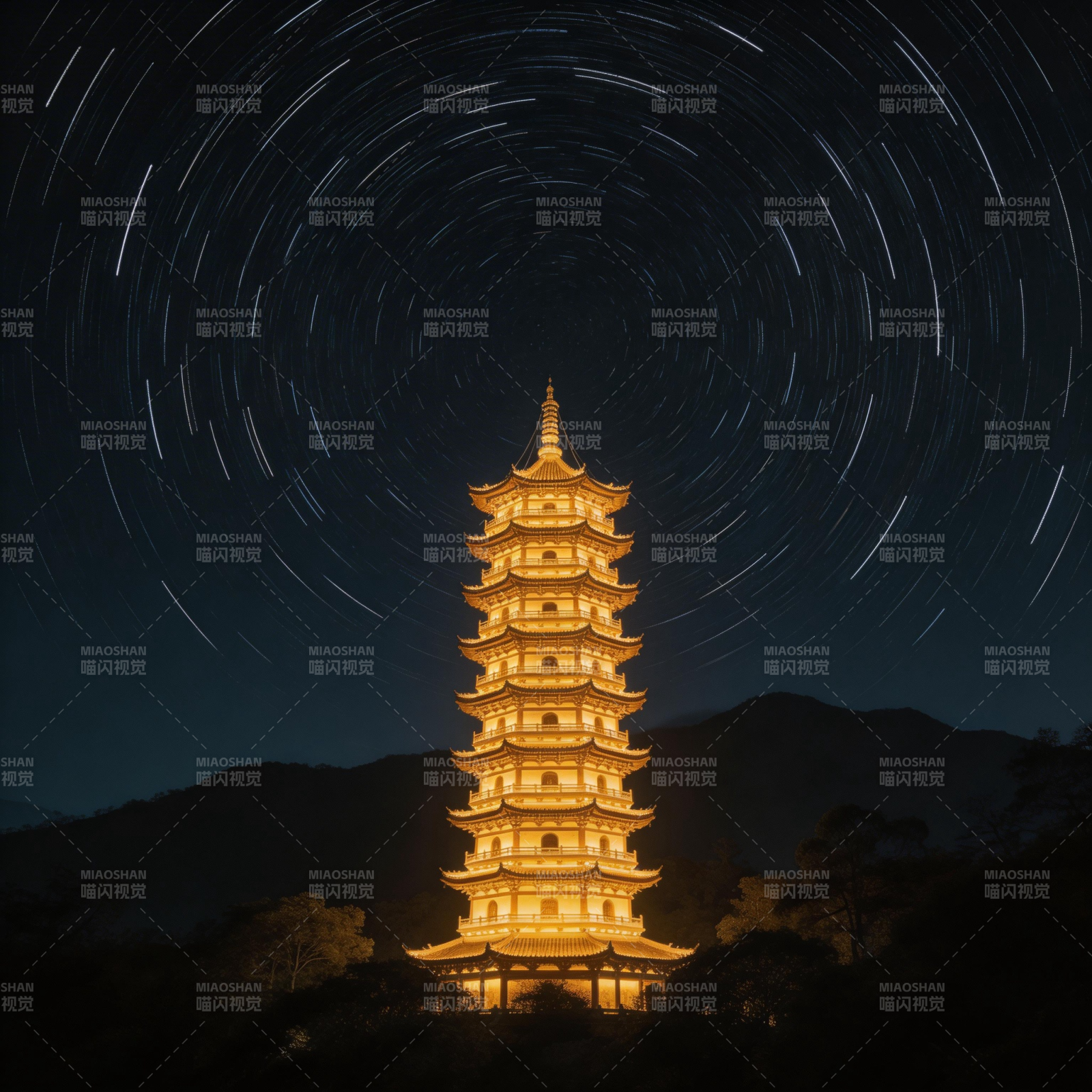 塔影星轨夜景图片