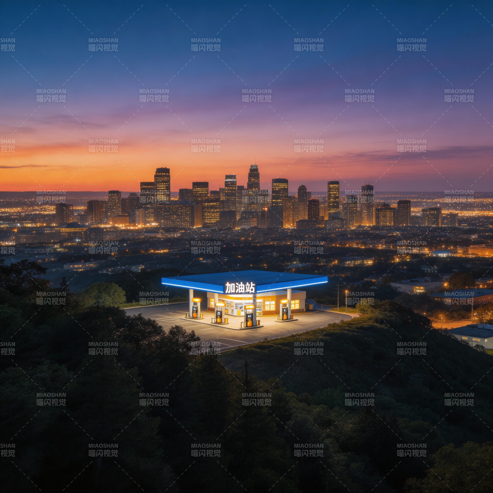 城市夜景加油站图片