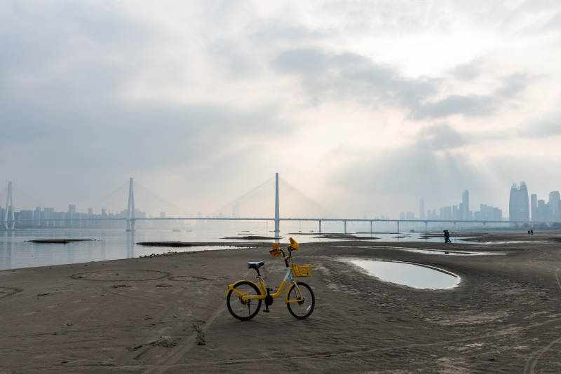 单车静泊滩涂旁图片