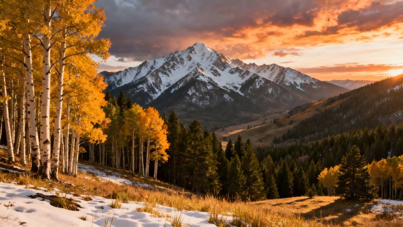 秋山雪峰日落图片