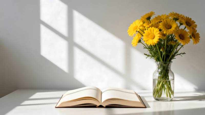 阳光下的书与花图片