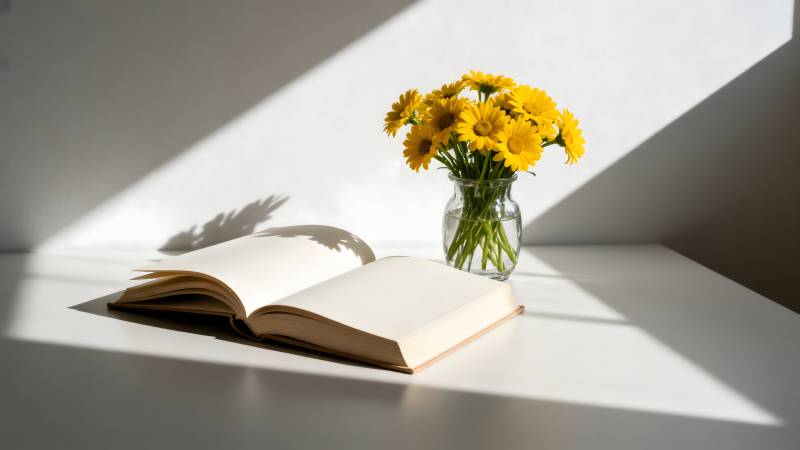 阳光下的书与花图片