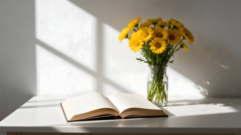 阳光下的书与花图片