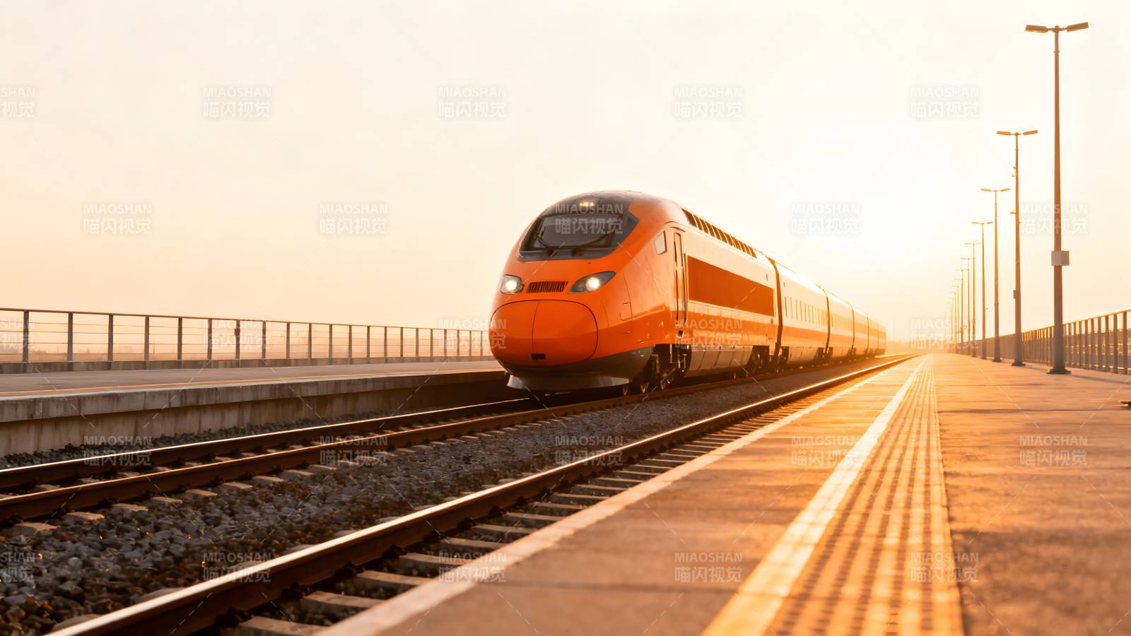 橙色高铁疾驰而过图片