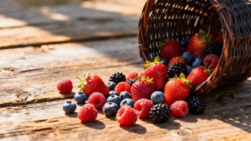 新鲜浆果洒落木桌图片