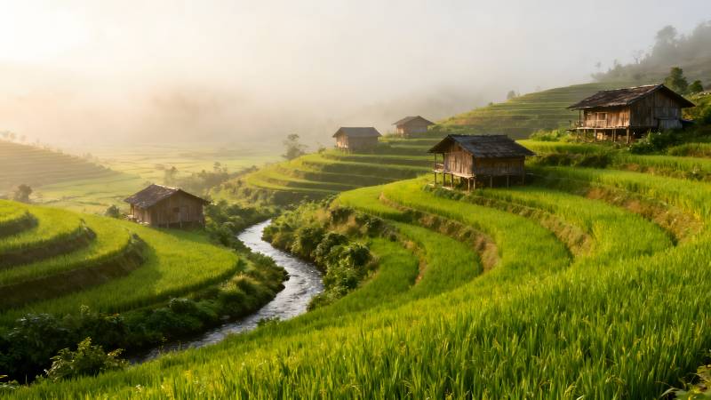 梯田晨曦 村舍静谧图片