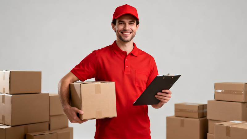 快递员微笑送包裹图片