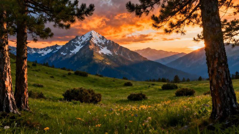雪山日落美景图片